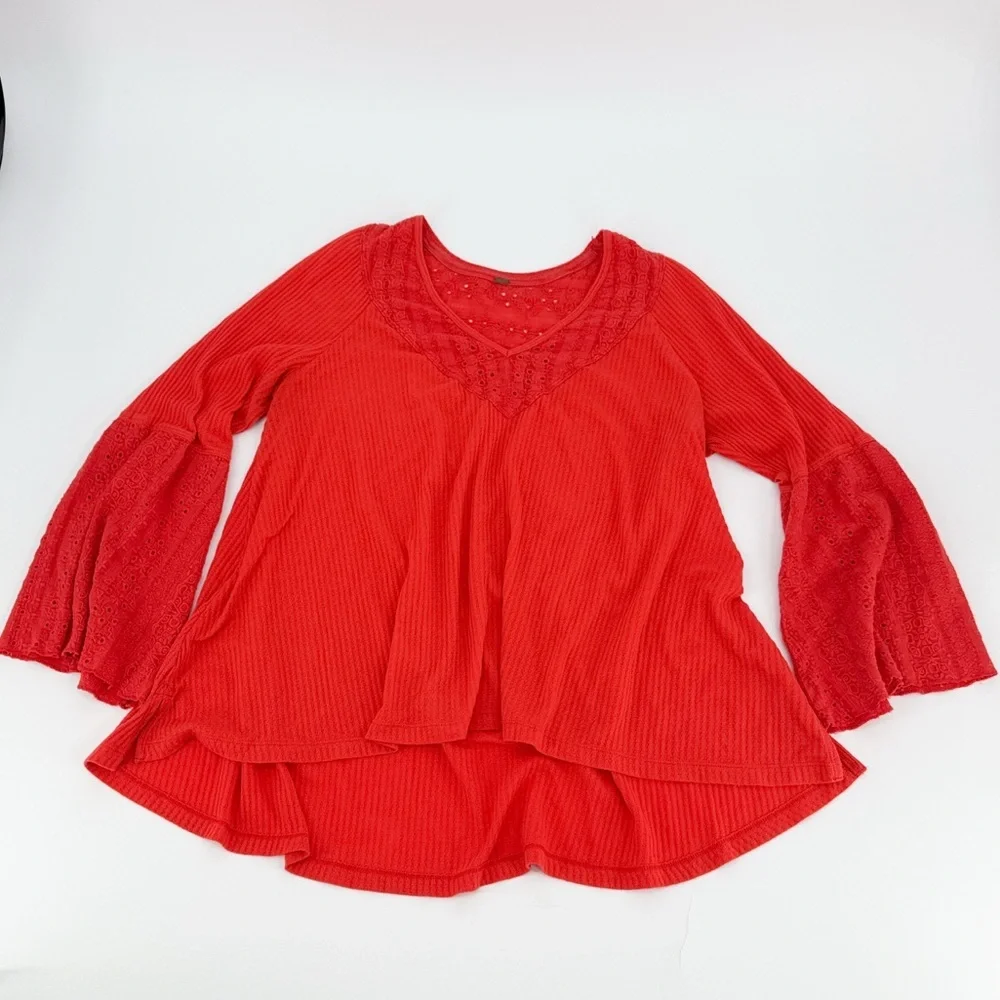 Free People Parisian Nights Bell Sleeve Peasant Blouse Eyelet Orange Size S/M